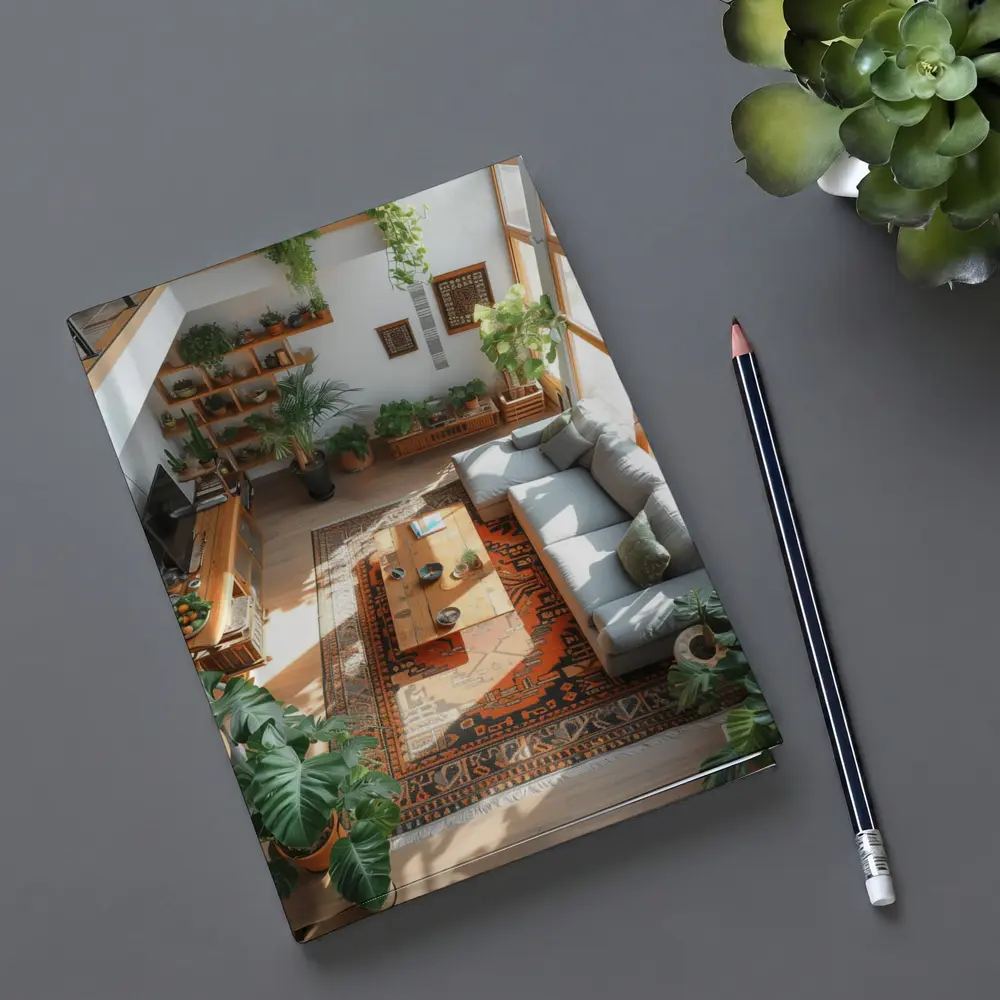 Boho Living Room With Plants Aerial View – Notebooks