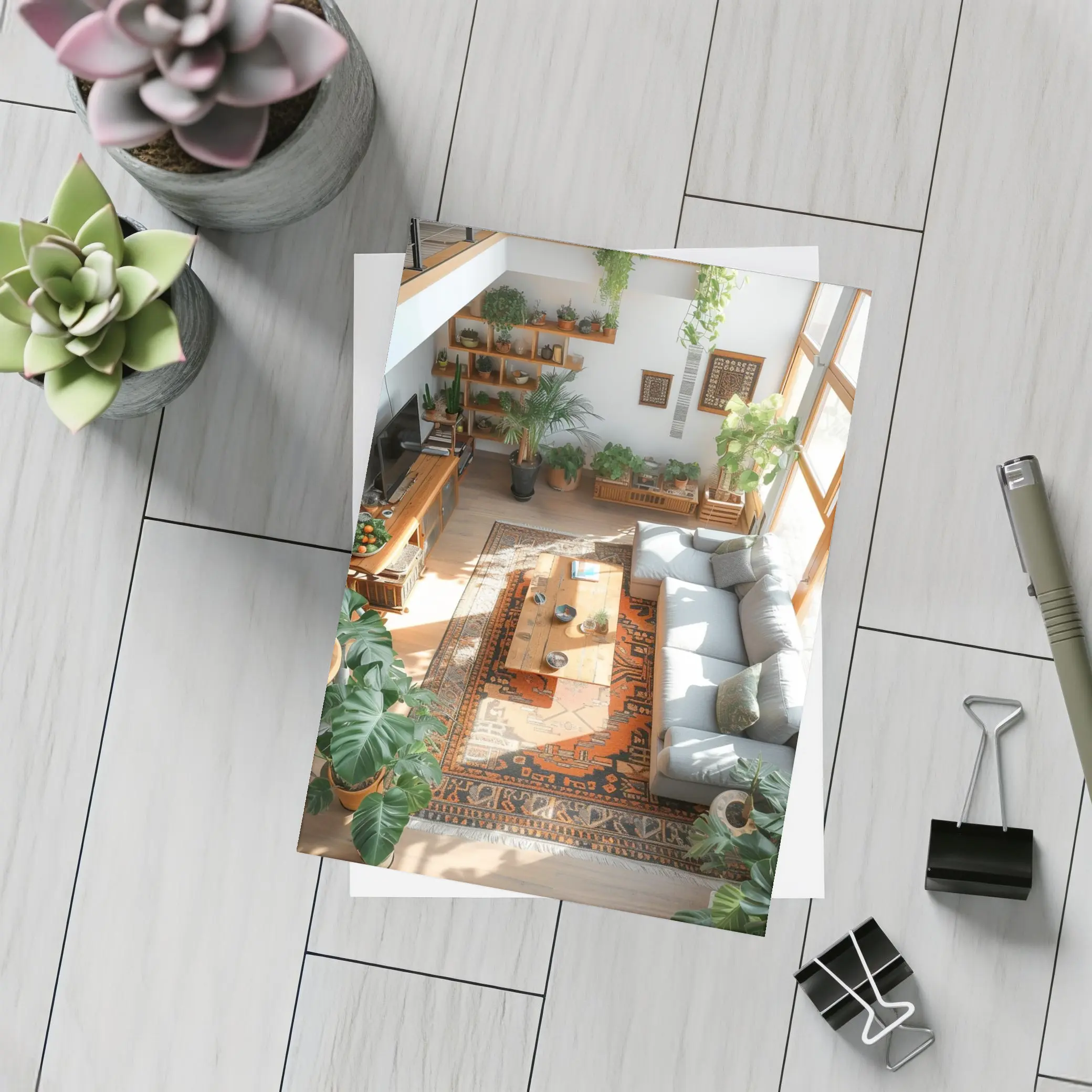 Boho Living Room With Plants Aerial View – Postcards