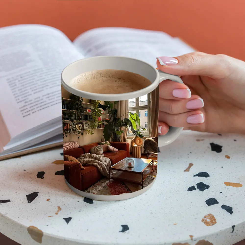 Boho Living Room Warm Terracotta Cozy Interior – Mugs