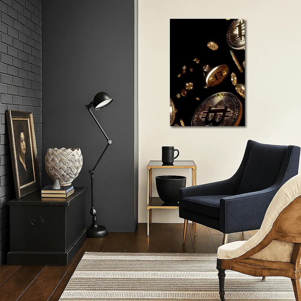 Gold Bitcoin Coins Falling Black Background – Wall Art