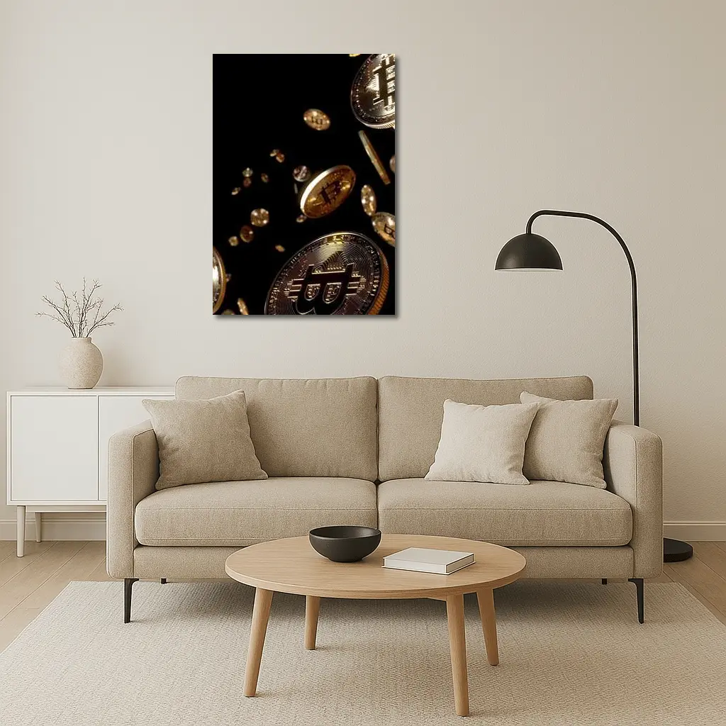 Gold Bitcoin Coins Falling Black Background – Wall Art