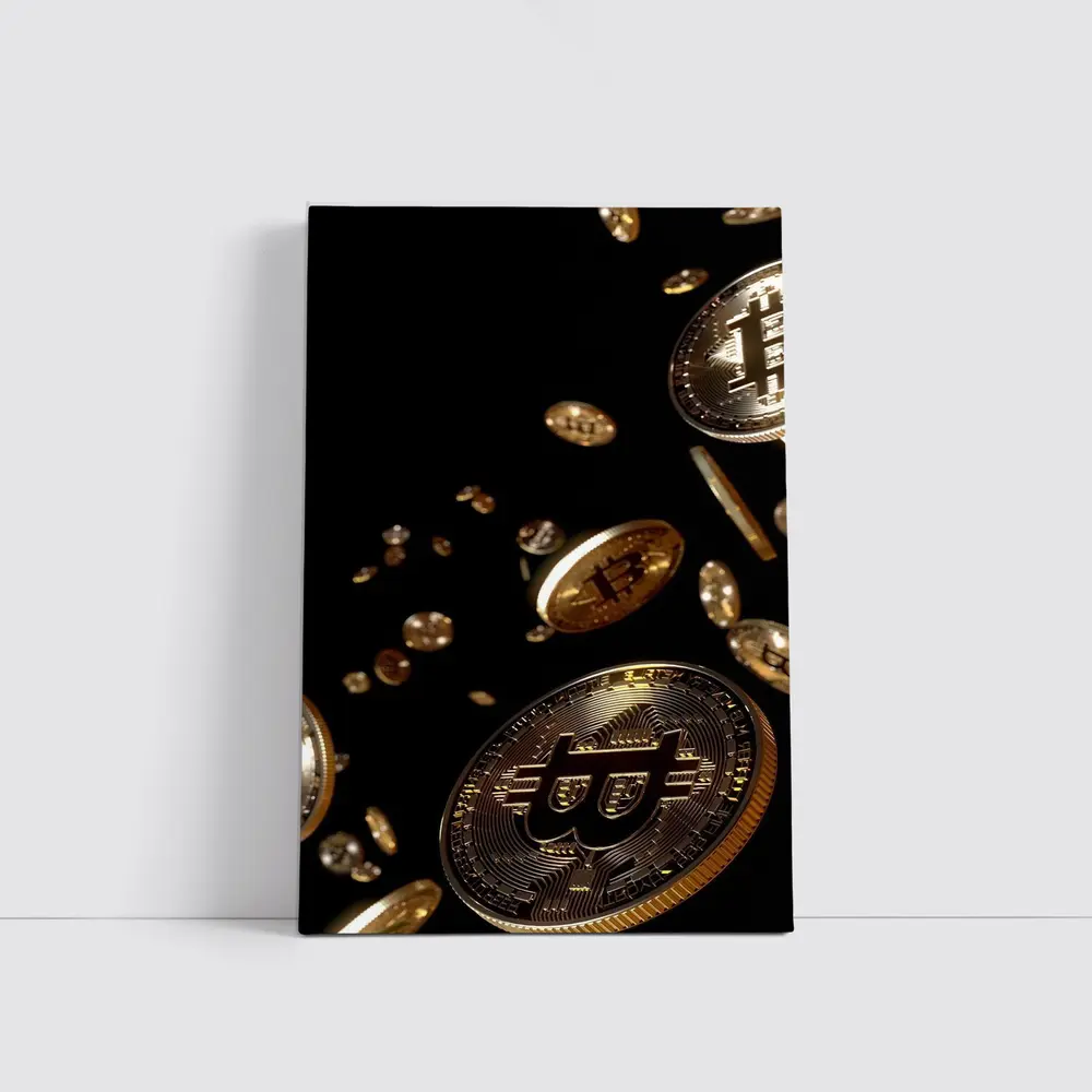 Gold Bitcoin Coins Falling Black Background – Wall Art