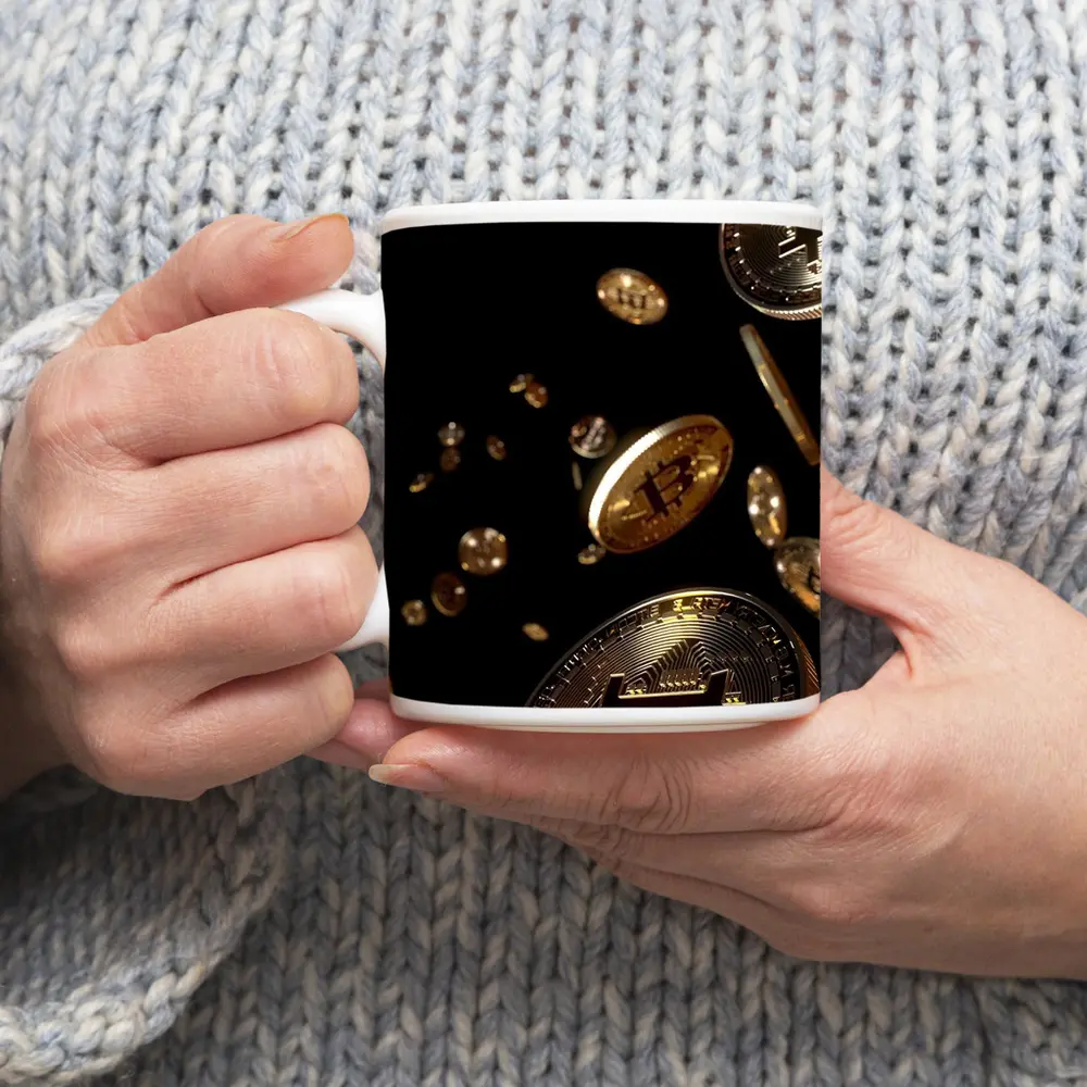 Gold Bitcoin Coins Falling Black Background – Mugs