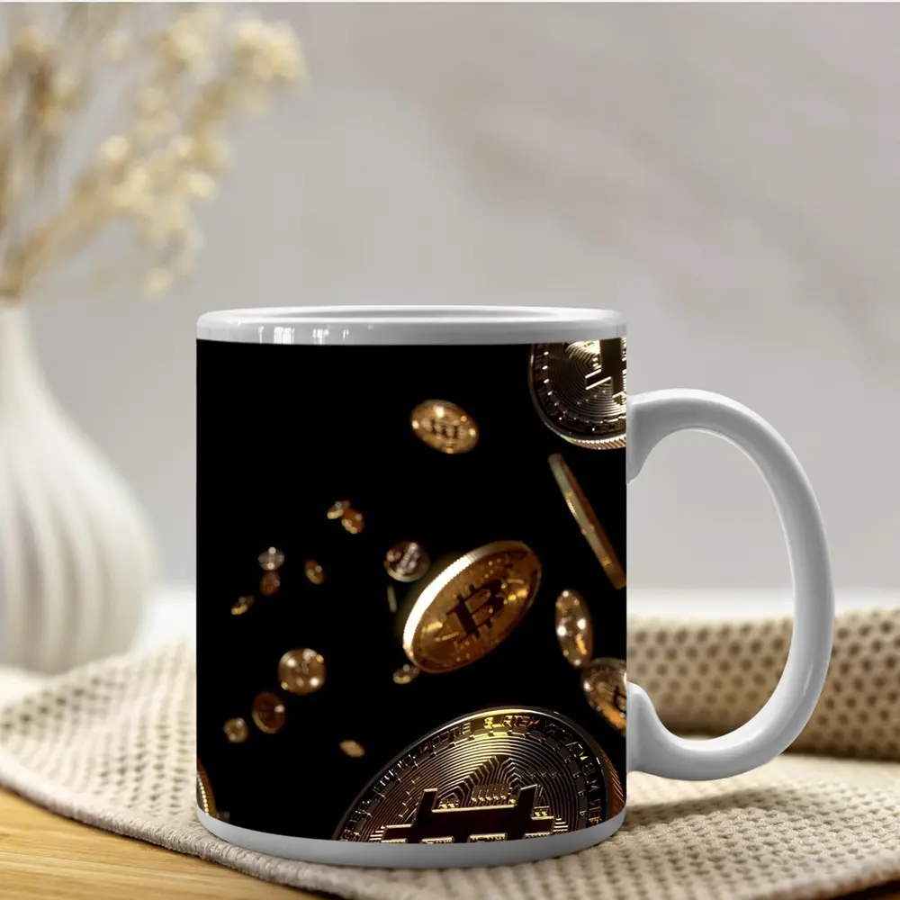 Gold Bitcoin Coins Falling Black Background – Mugs