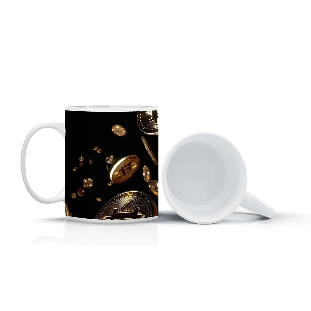 Gold Bitcoin Coins Falling Black Background – Mugs