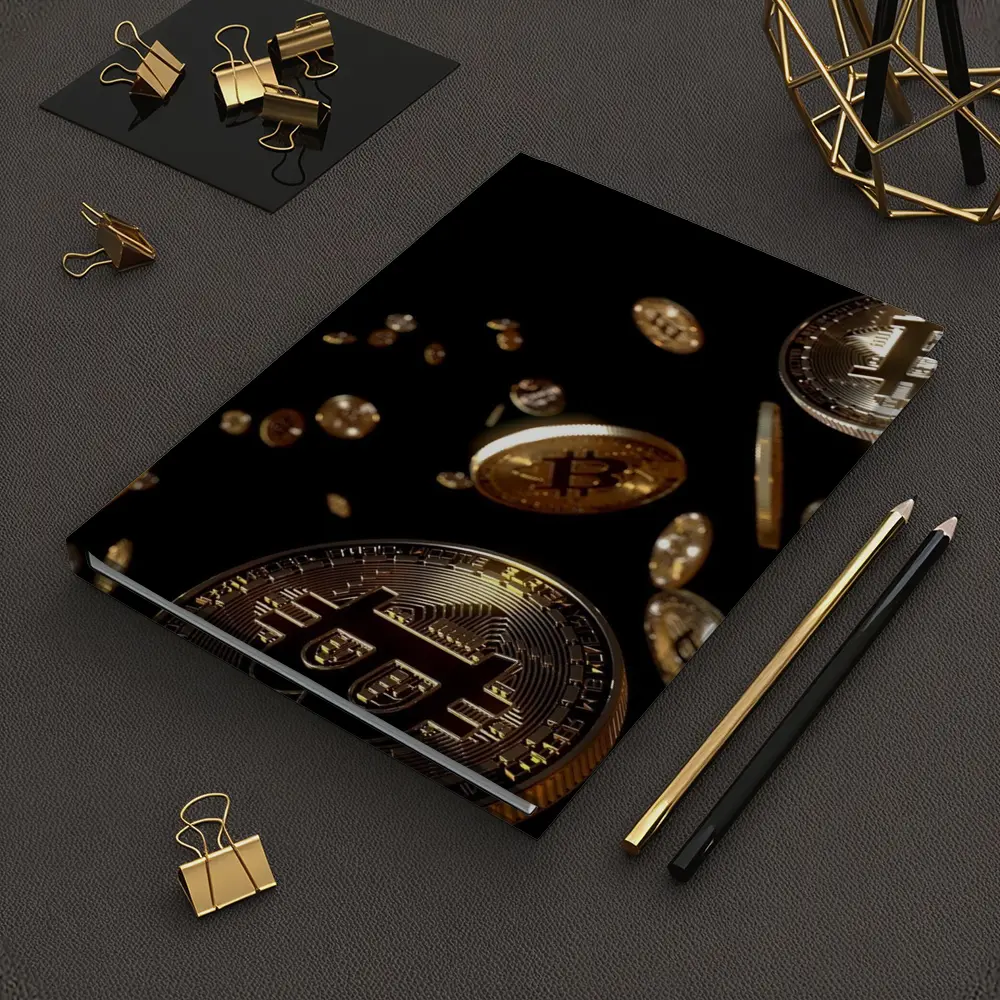 Gold Bitcoin Coins Falling Black Background – Notebooks
