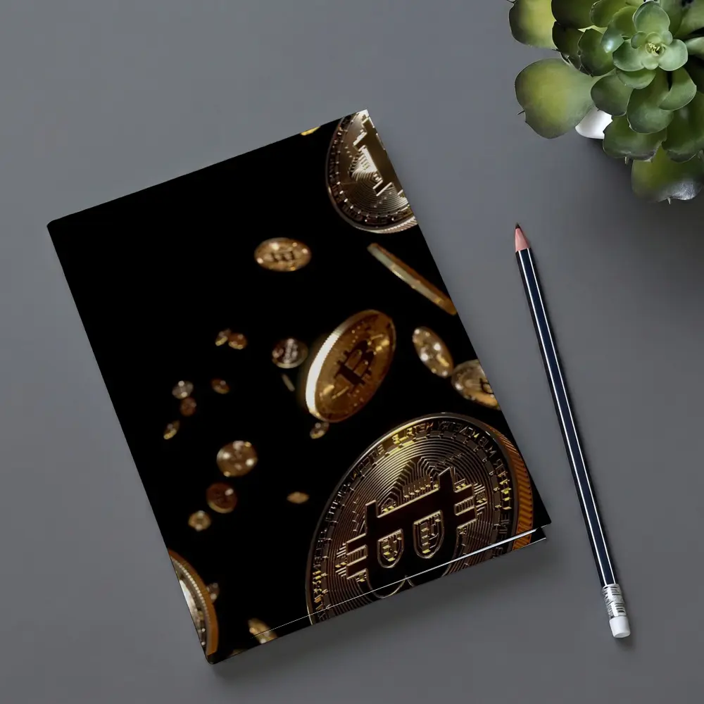Gold Bitcoin Coins Falling Black Background – Notebooks