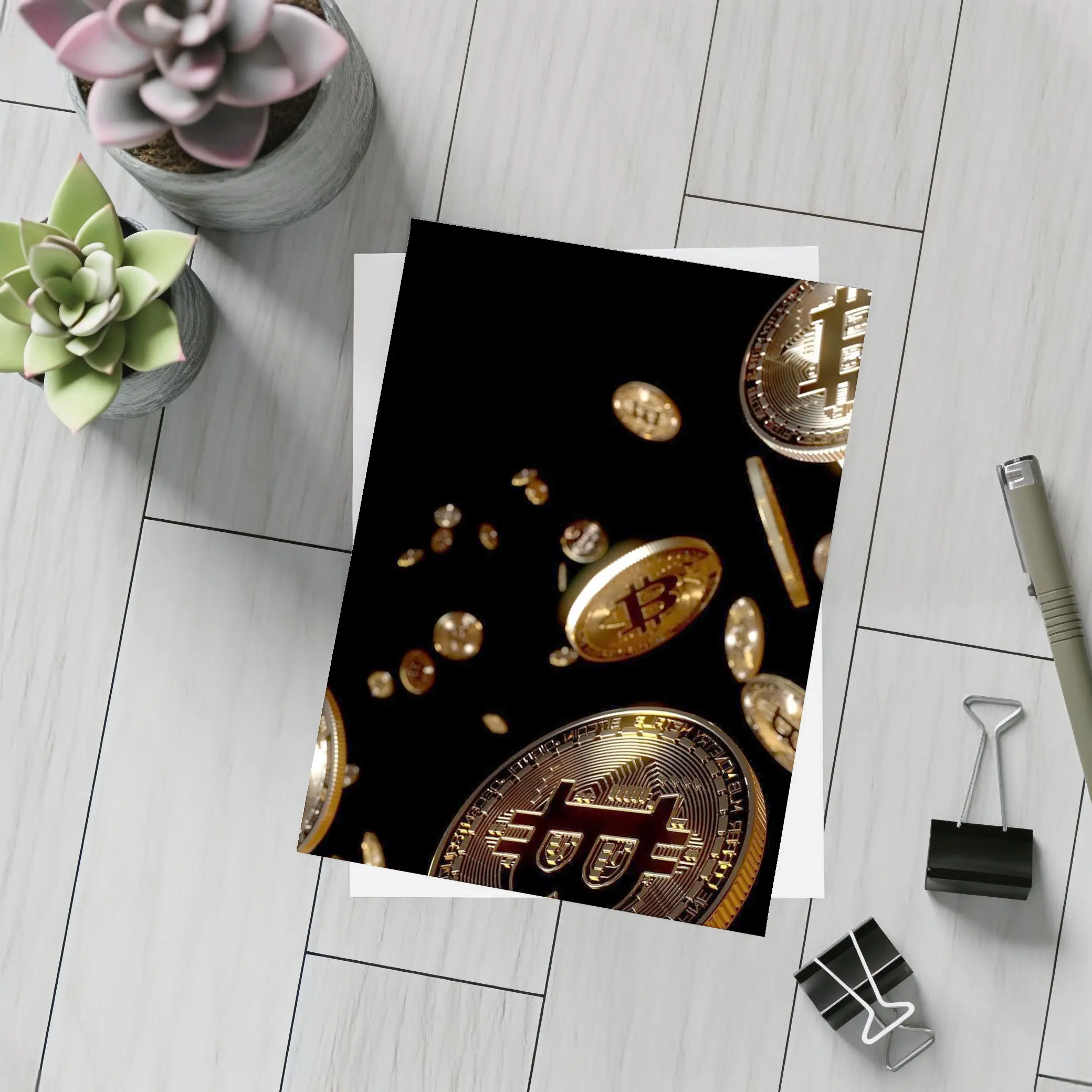 Gold Bitcoin Coins Falling Black Background – Postcards