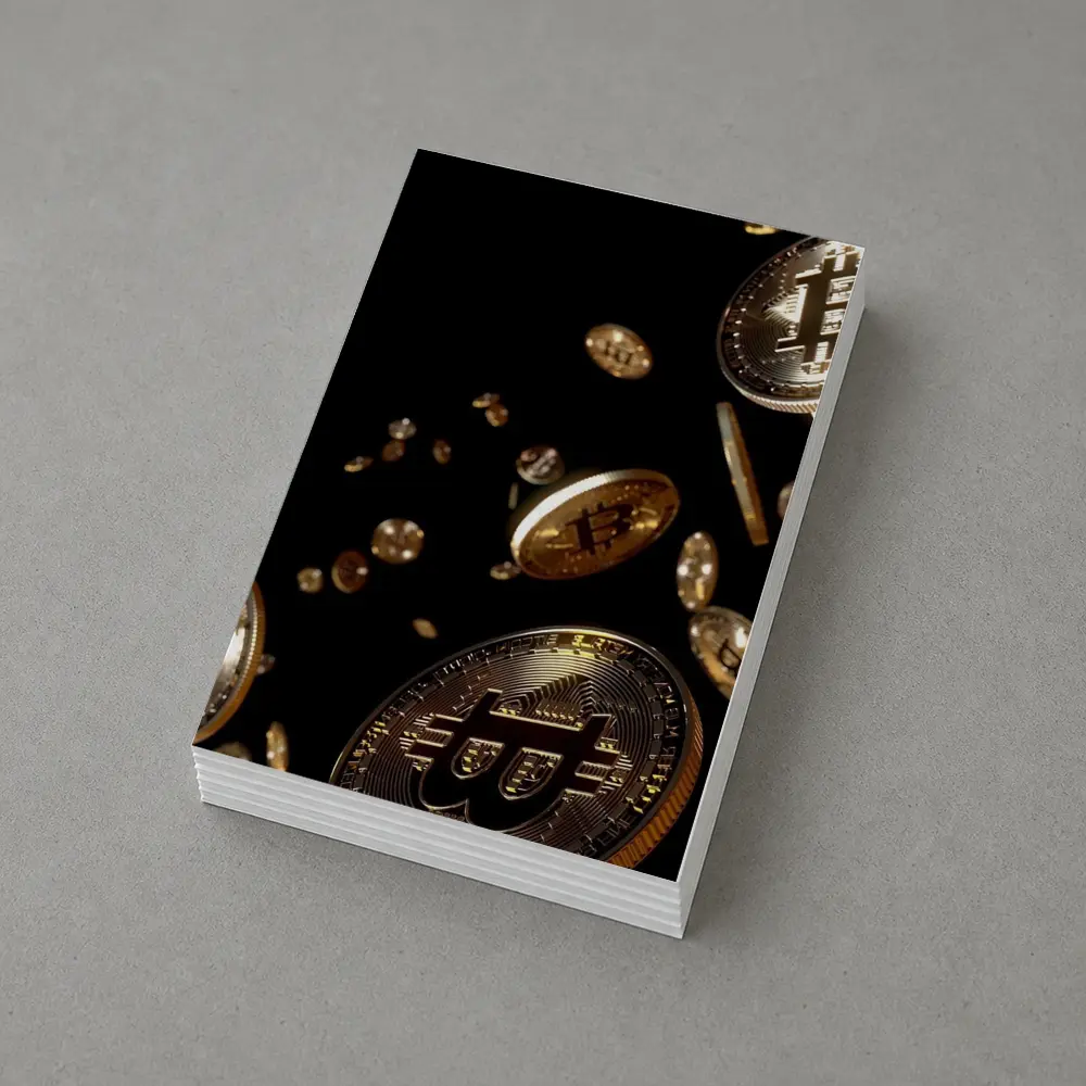 Gold Bitcoin Coins Falling Black Background – Postcards