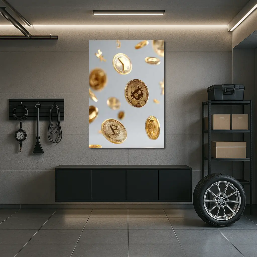 Gold Bitcoin Coins Falling White Background – Wall Art