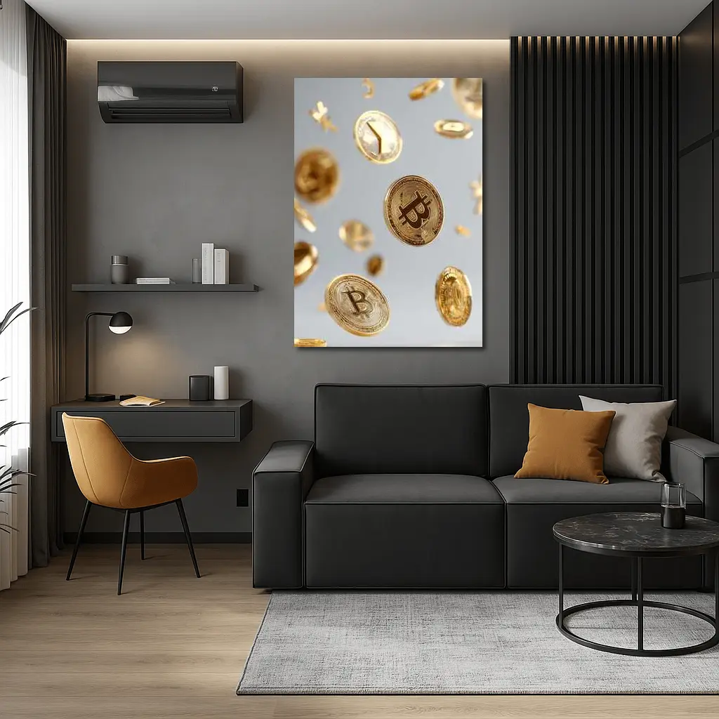 Gold Bitcoin Coins Falling White Background – Wall Art
