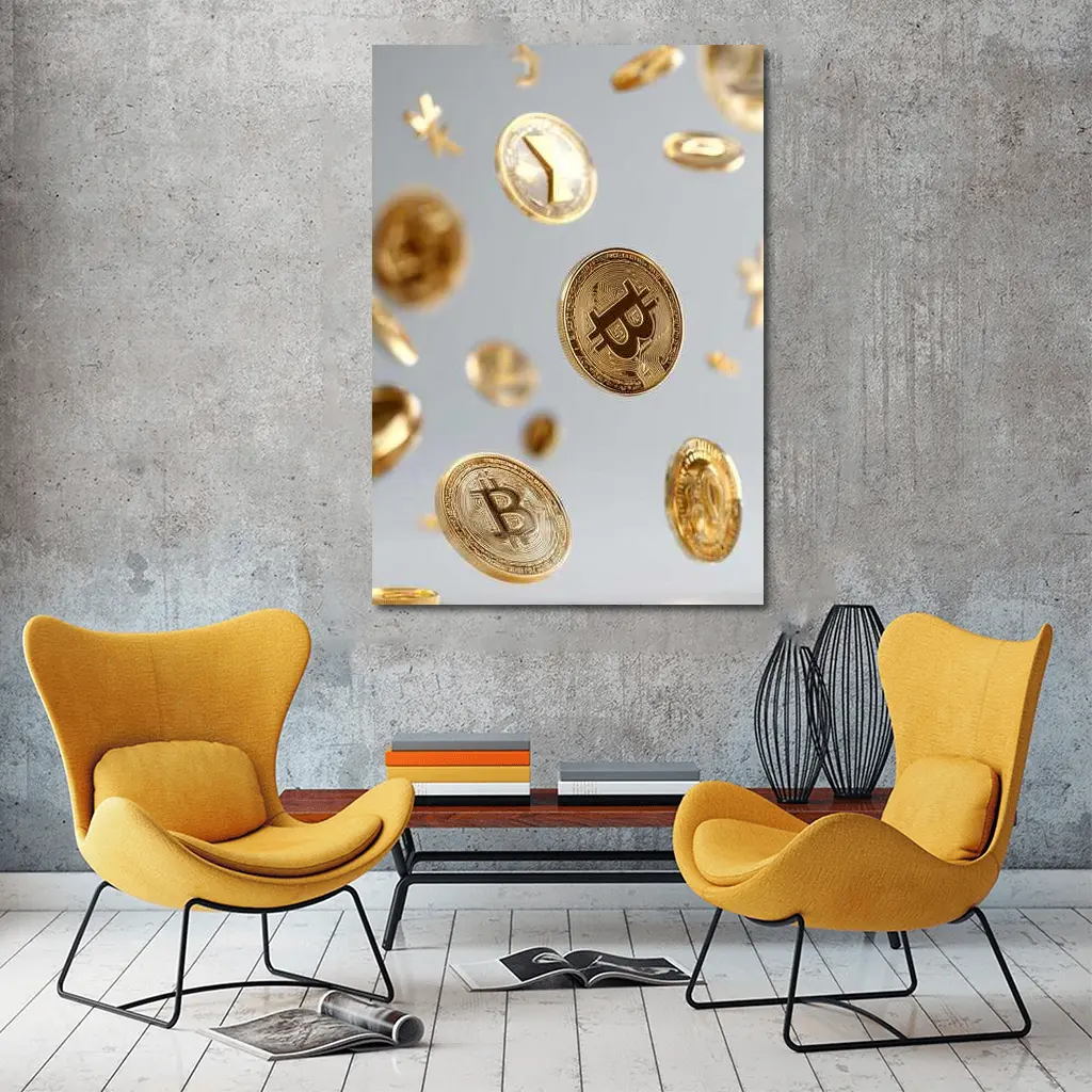Gold Bitcoin Coins Falling White Background – Wall Art