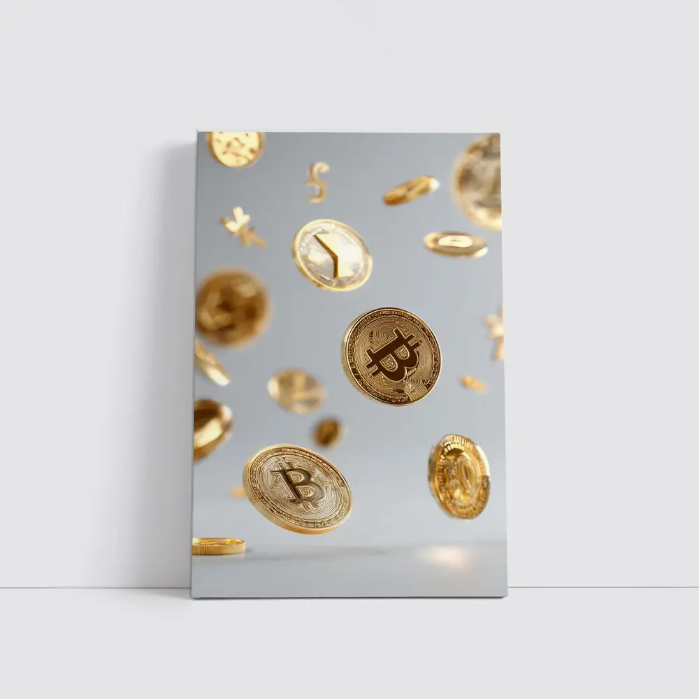 Gold Bitcoin Coins Falling White Background – Wall Art