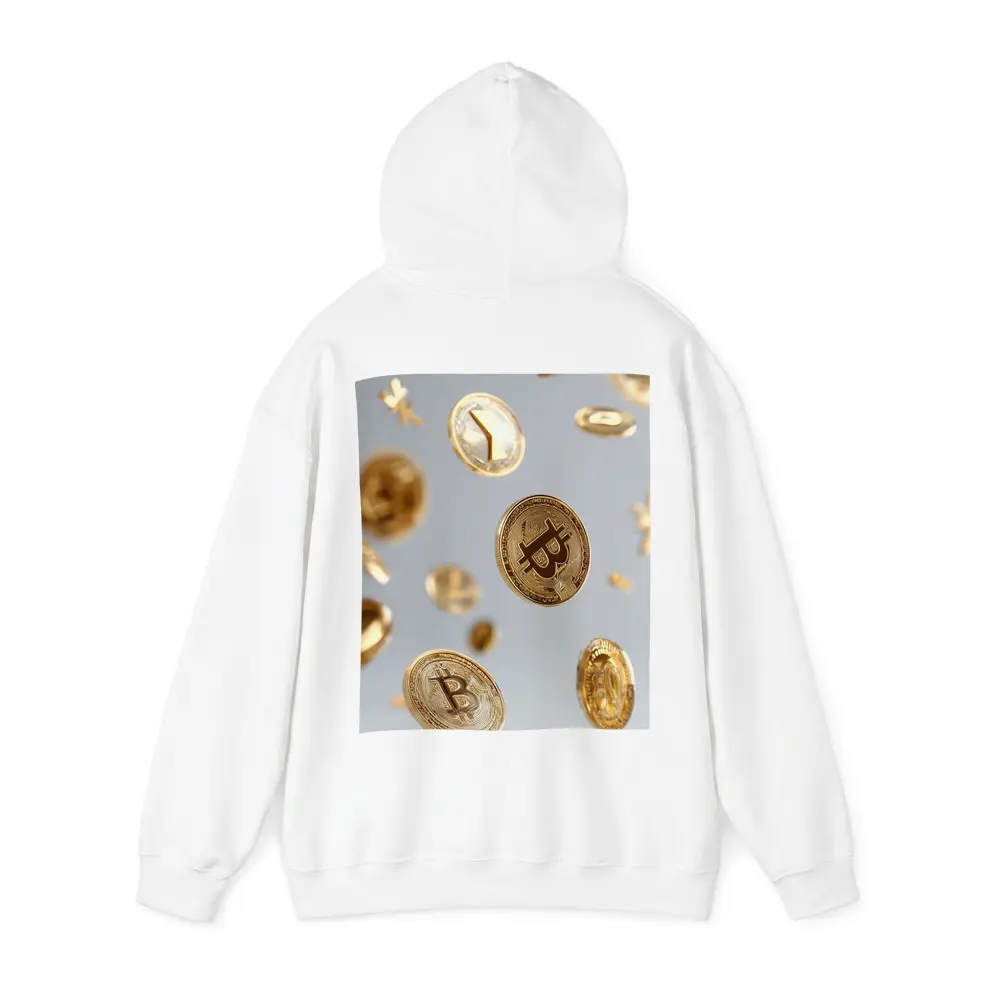 Gold Bitcoin Coins Falling White Background – Hoodies