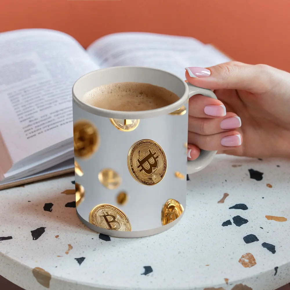 Gold Bitcoin Coins Falling White Background – Mugs