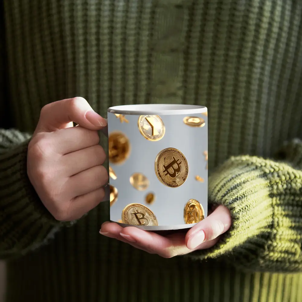 Gold Bitcoin Coins Falling White Background – Mugs