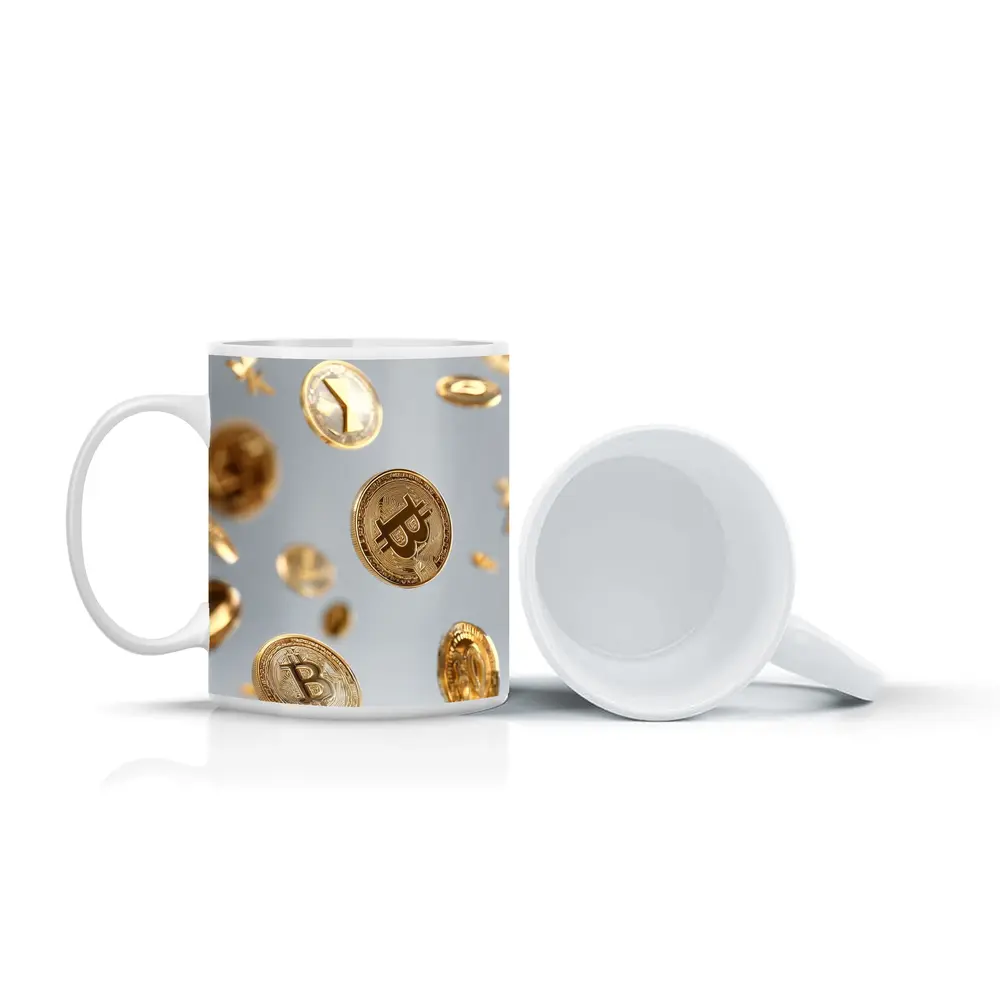 Gold Bitcoin Coins Falling White Background – Mugs