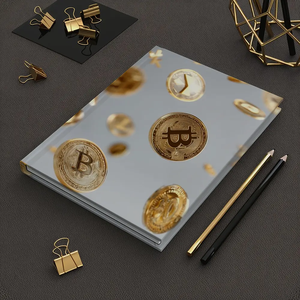 Gold Bitcoin Coins Falling White Background – Notebooks