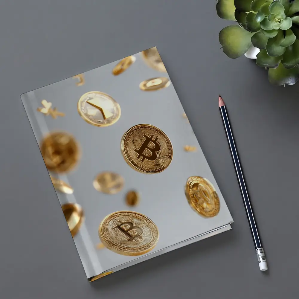 Gold Bitcoin Coins Falling White Background – Notebooks