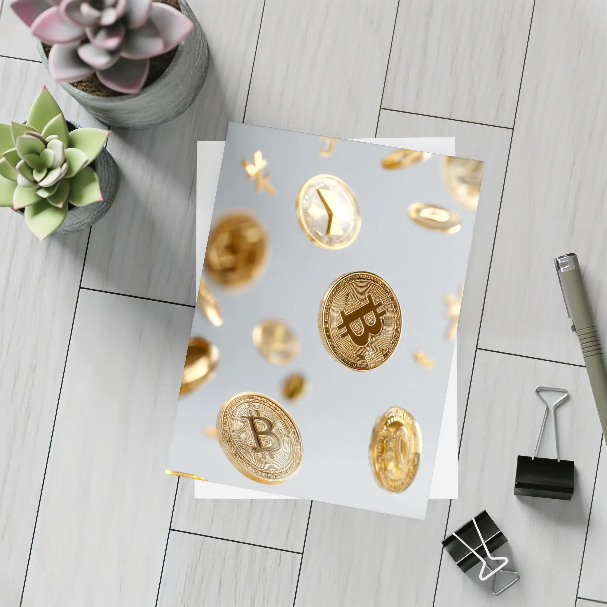 Gold Bitcoin Coins Falling White Background – Postcards