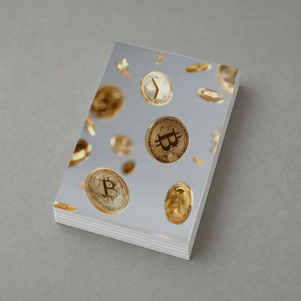 Gold Bitcoin Coins Falling White Background – Postcards