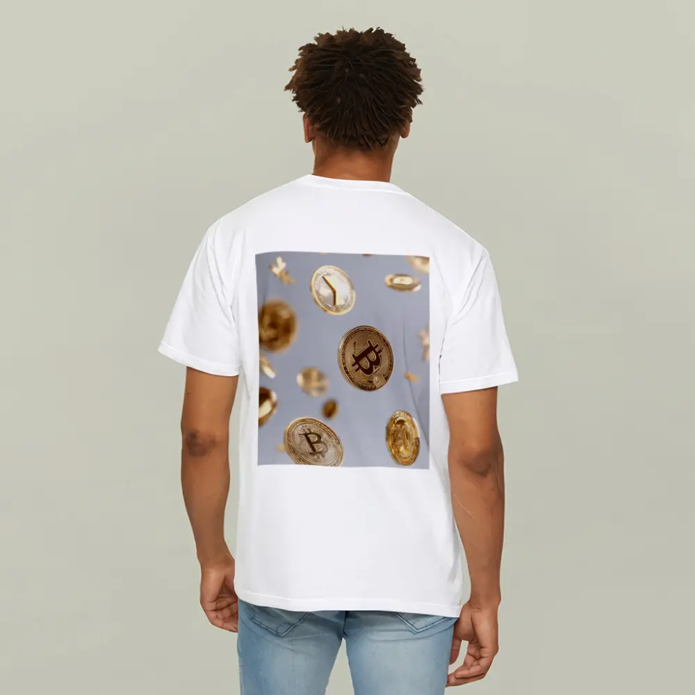 Gold Bitcoin Coins Falling White Background – T-Shirts