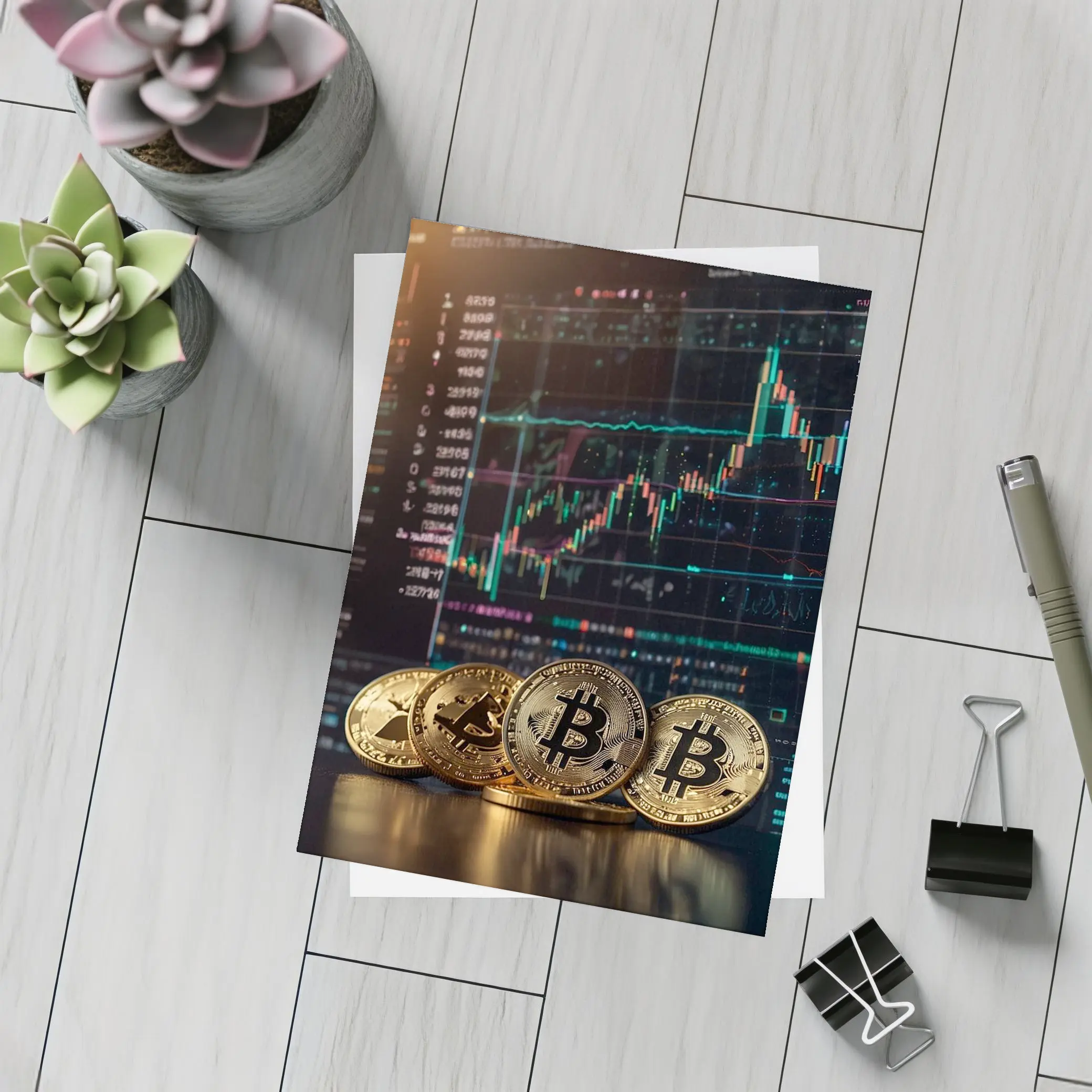 Bitcoin Coins Trading Chart Dark Background – Postcards