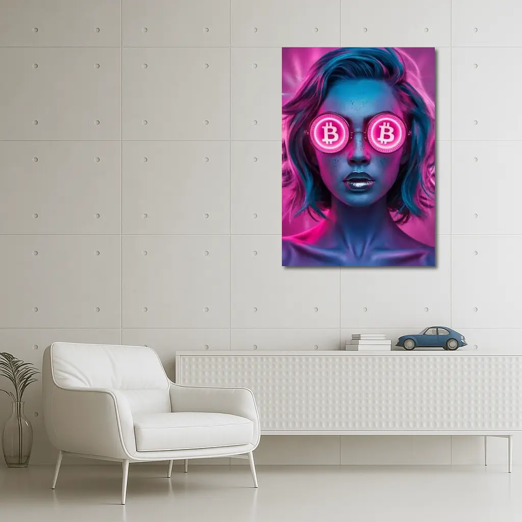 Neon Bitcoin Woman Pink Cyberpunk Portrait – Wall Art