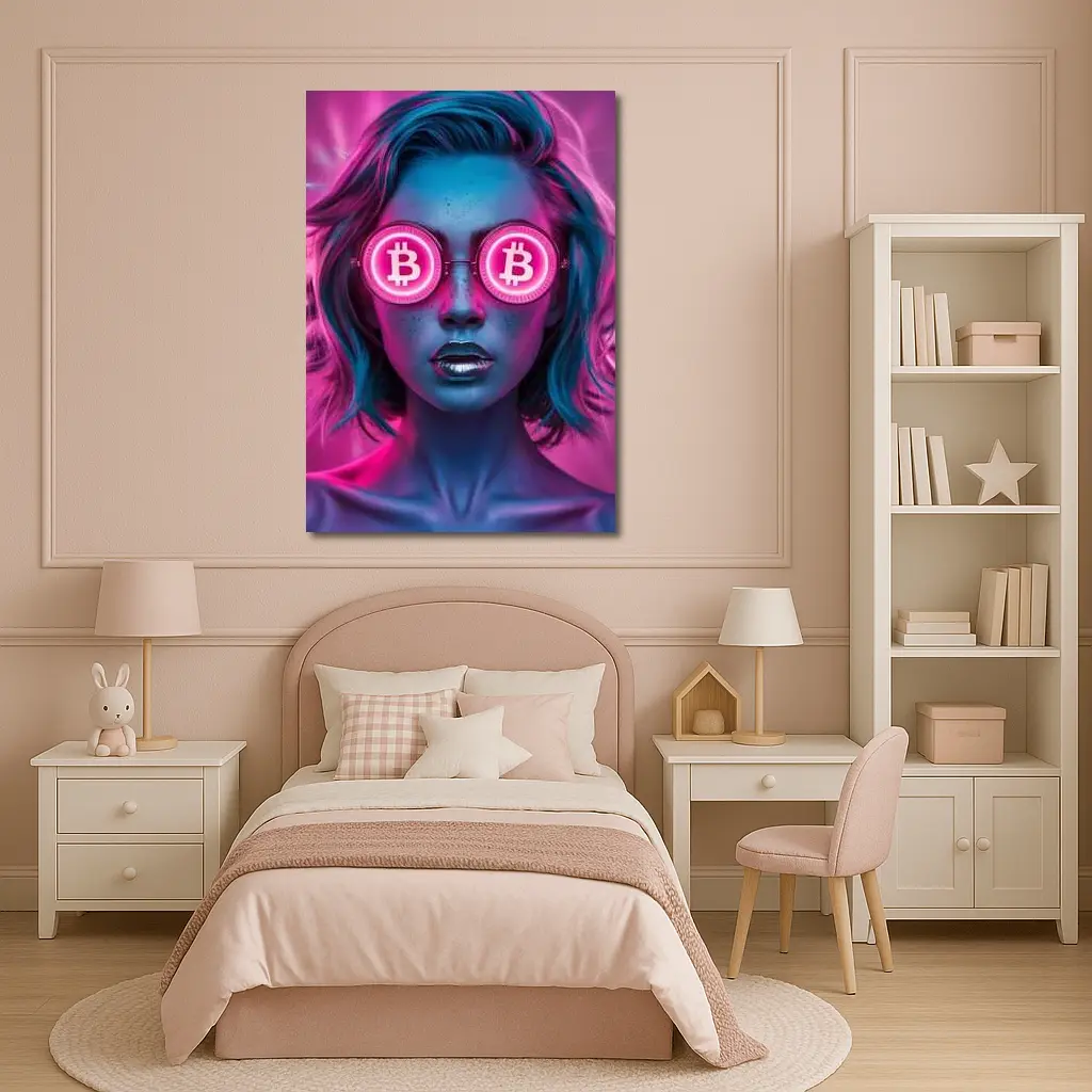 Neon Bitcoin Woman Pink Cyberpunk Portrait – Wall Art