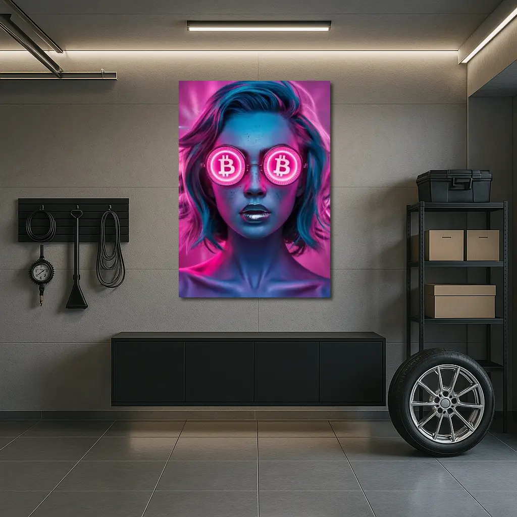 Neon Bitcoin Woman Pink Cyberpunk Portrait – Wall Art