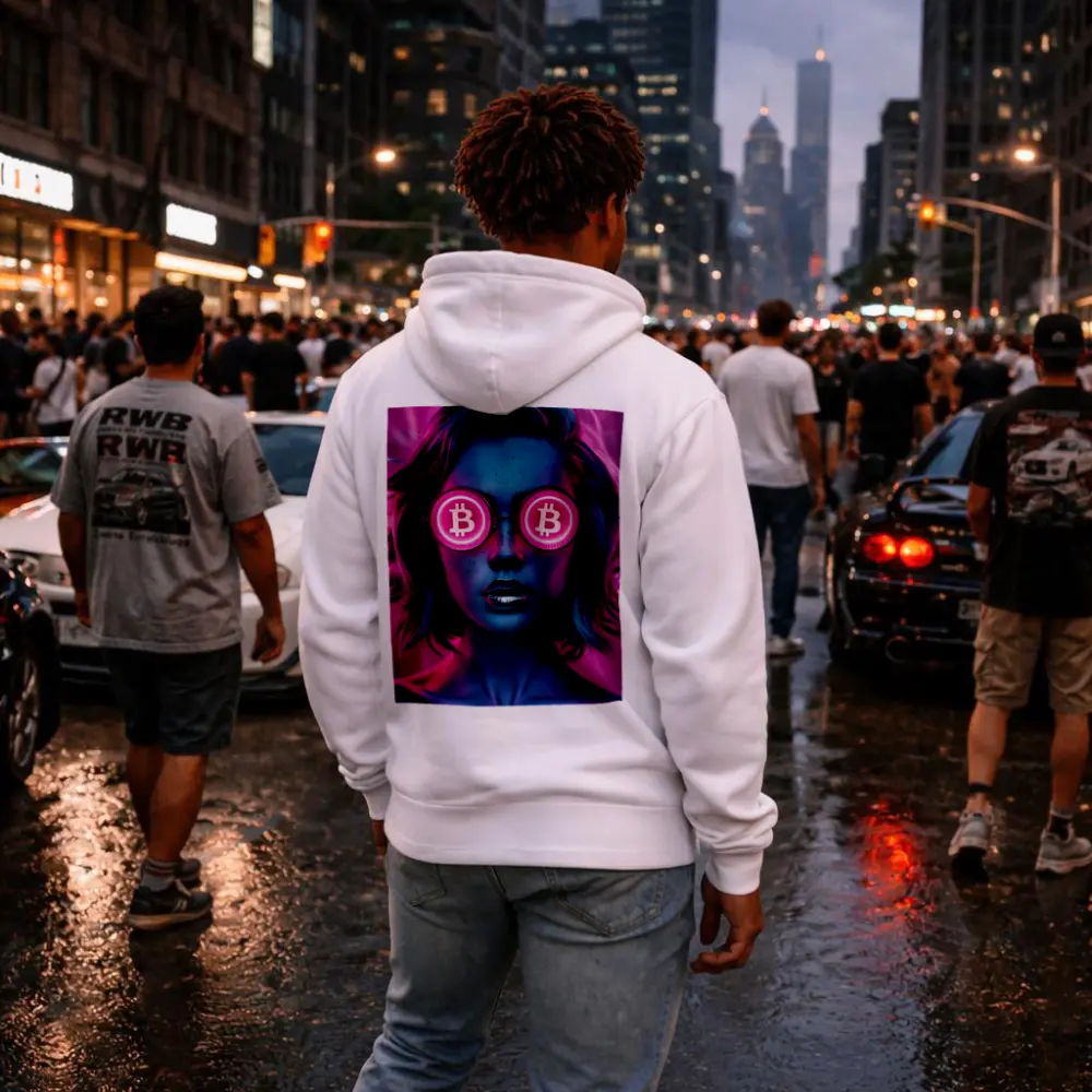 Neon Bitcoin Woman Pink Cyberpunk Portrait – Hoodies