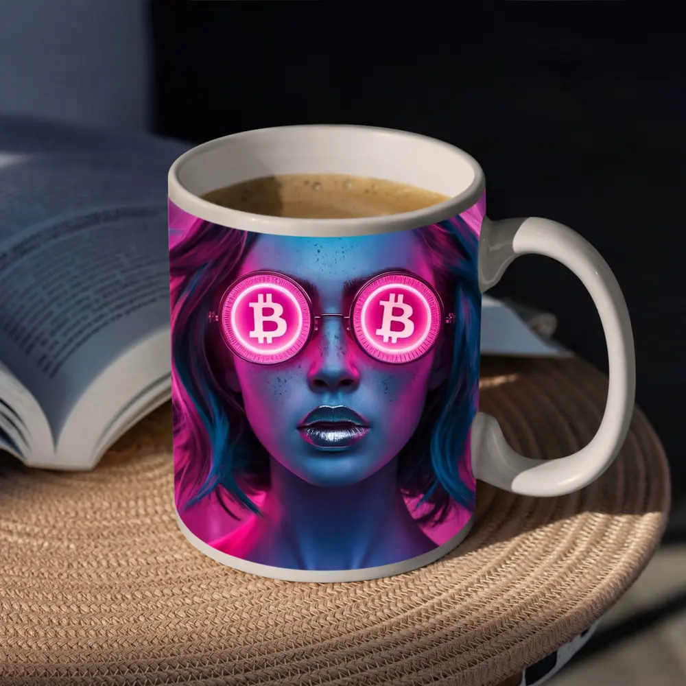 Neon Bitcoin Woman Pink Cyberpunk Portrait – Mugs