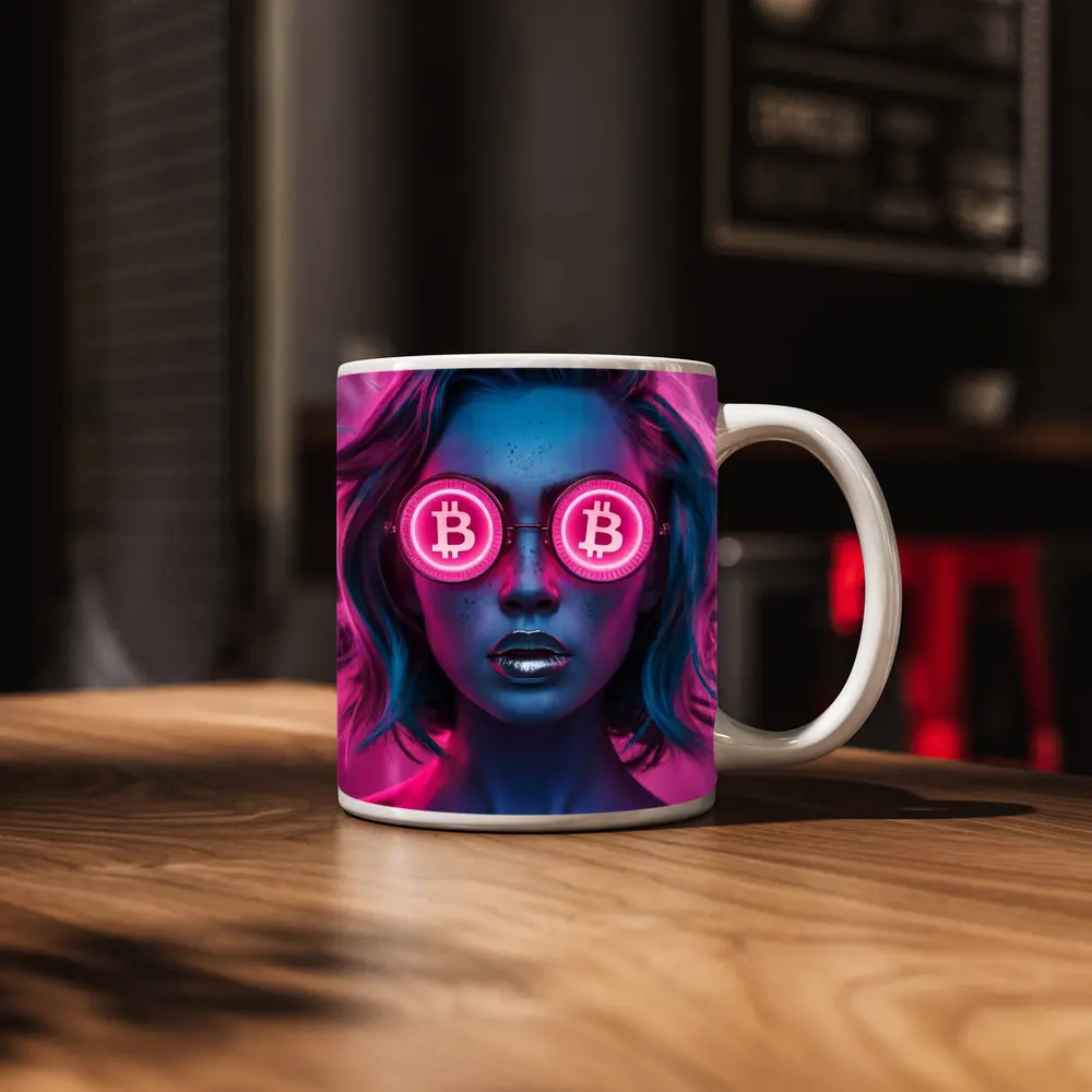Neon Bitcoin Woman Pink Cyberpunk Portrait – Mugs