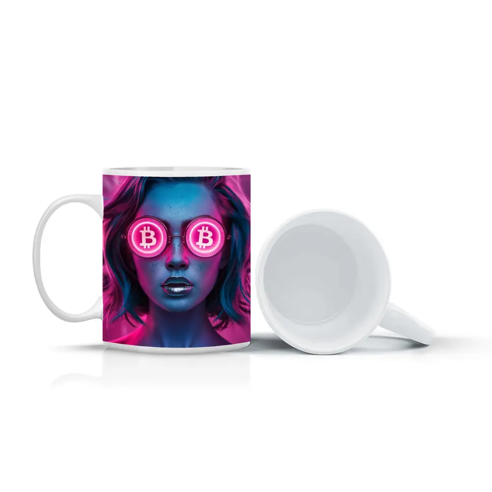 Neon Bitcoin Woman Pink Cyberpunk Portrait – Mugs