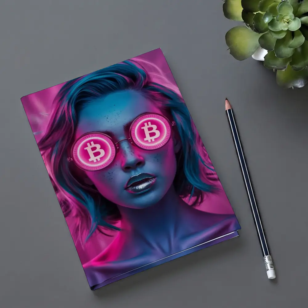 Neon Bitcoin Woman Pink Cyberpunk Portrait – Notebooks