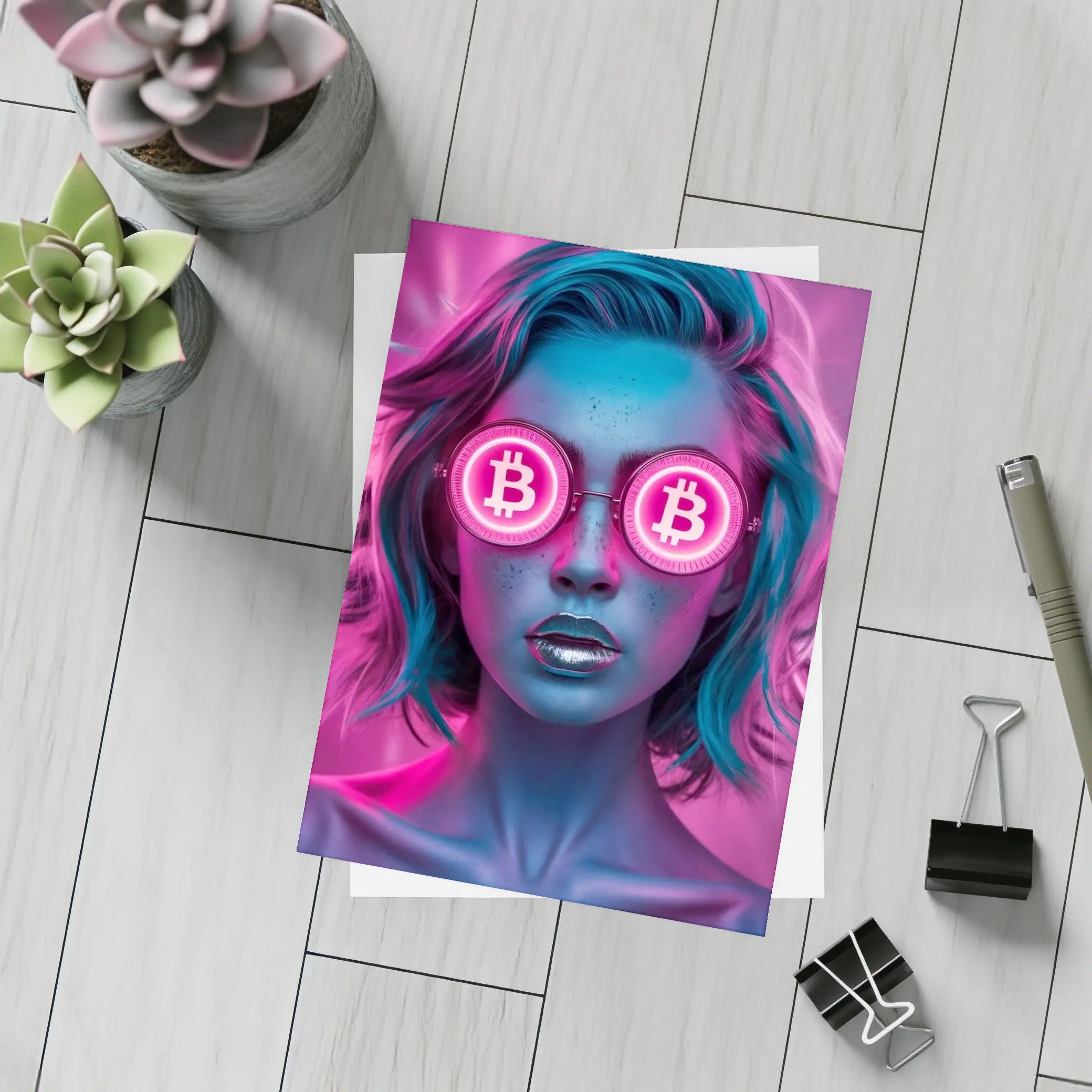 Neon Bitcoin Woman Pink Cyberpunk Portrait – Postcards