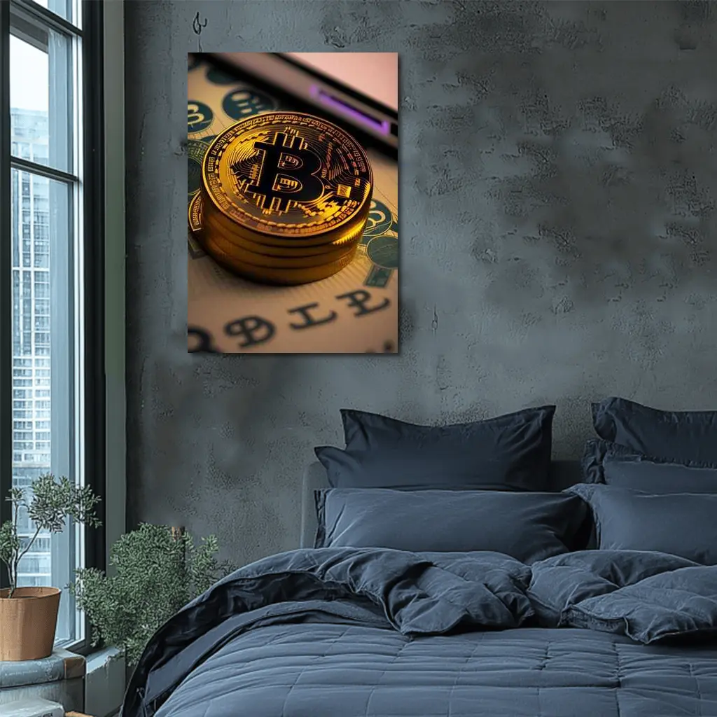 Bitcoin Gold Coins On Dollar Bills – Wall Art