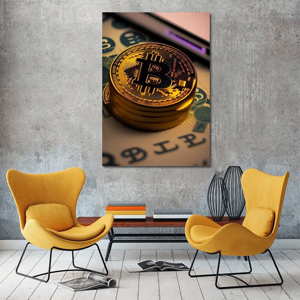 Bitcoin Gold Coins On Dollar Bills – Wall Art