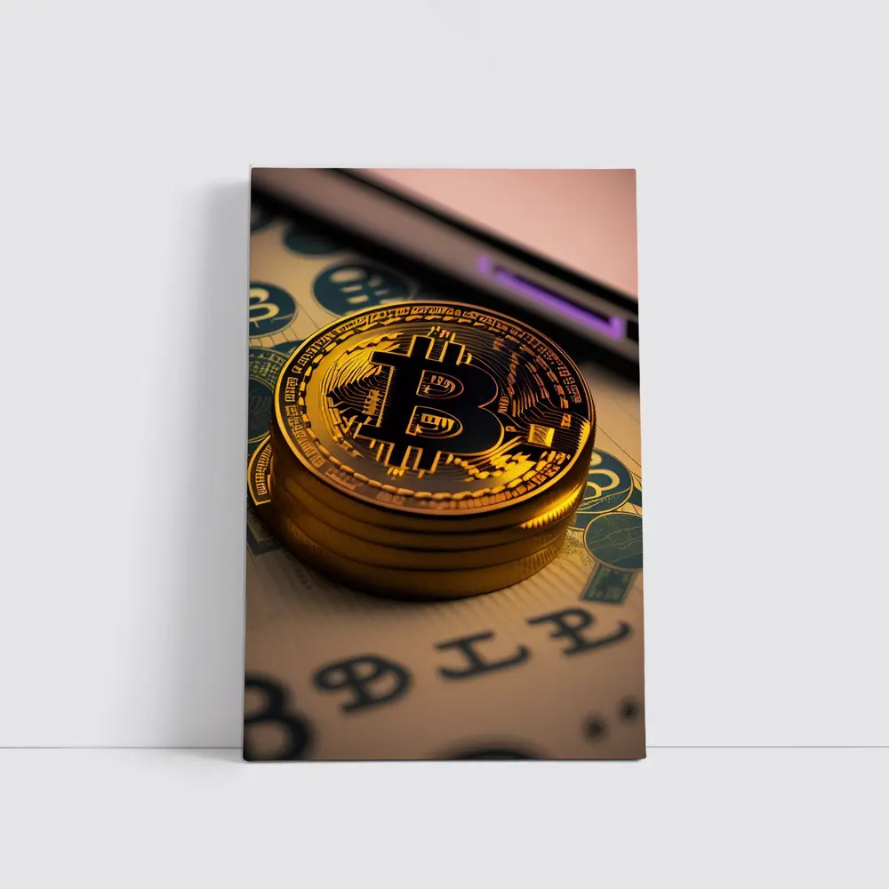 Bitcoin Gold Coins On Dollar Bills – Wall Art