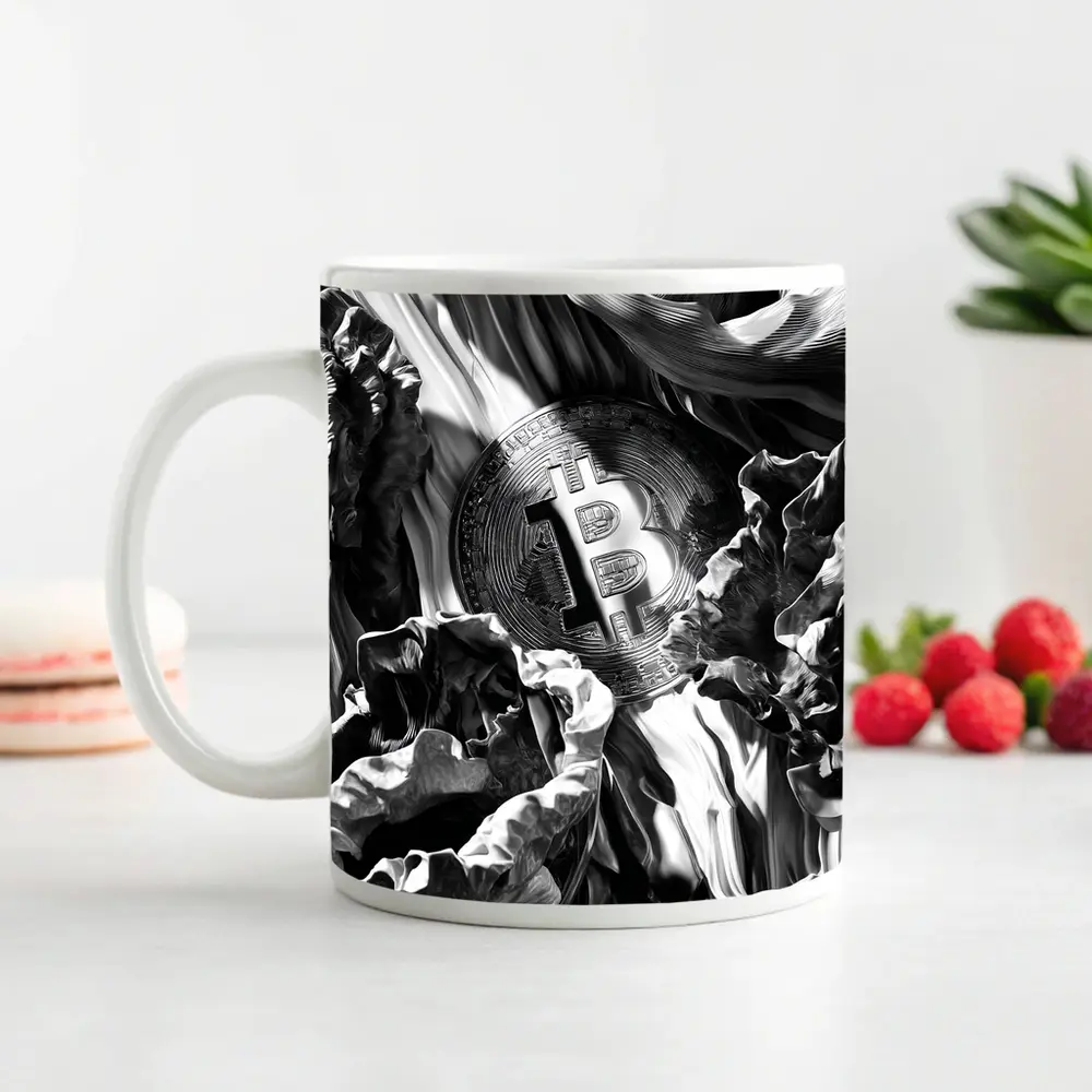 Bitcoin Coin Black White Abstract Art – Mugs