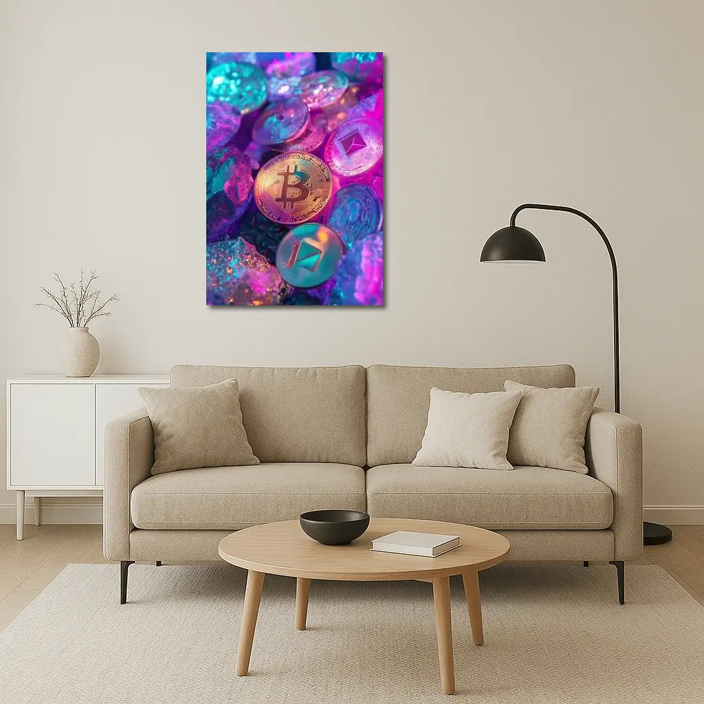 Bitcoin Ethereum Crypto Coins Neon Rocks – Wall Art