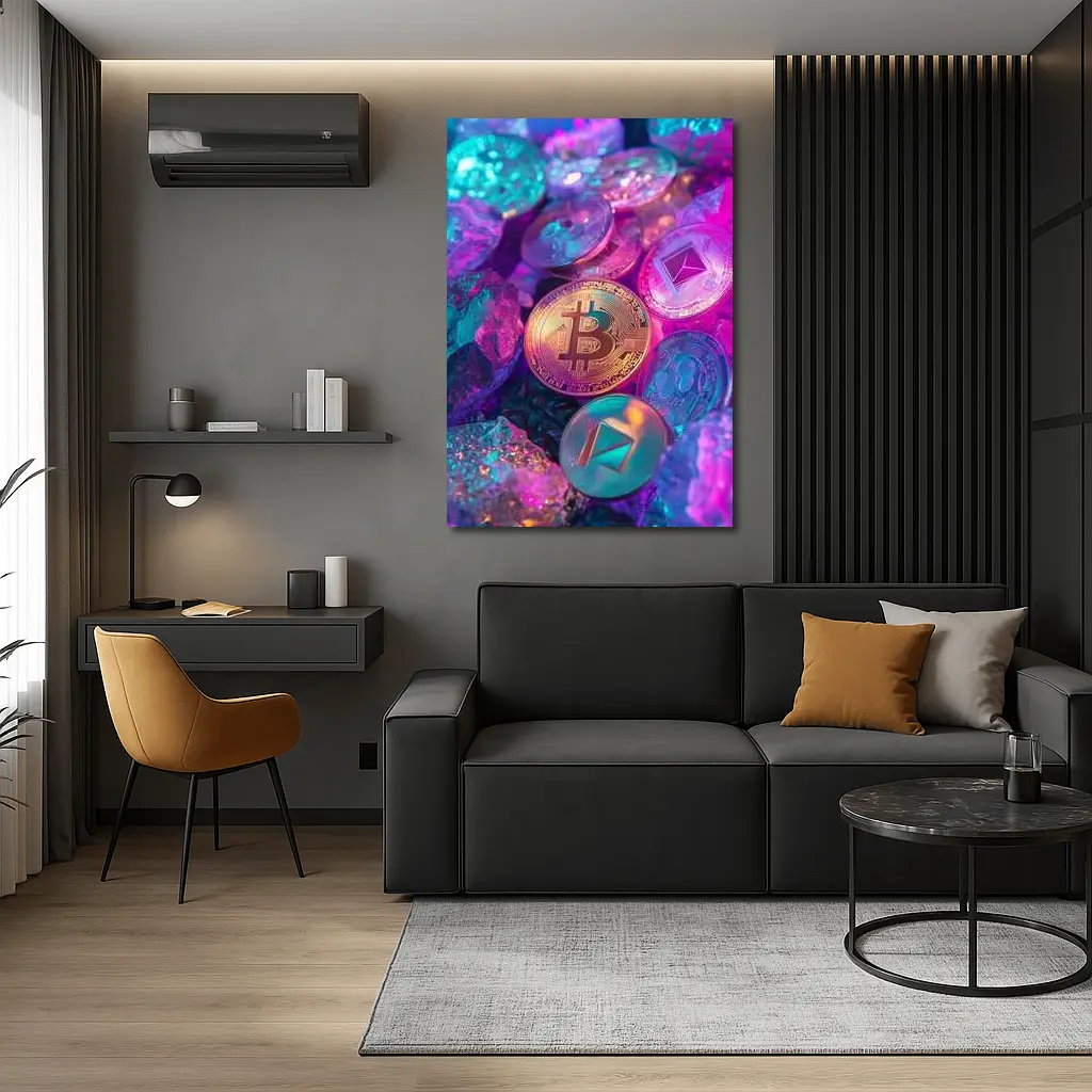 Bitcoin Ethereum Crypto Coins Neon Rocks – Wall Art
