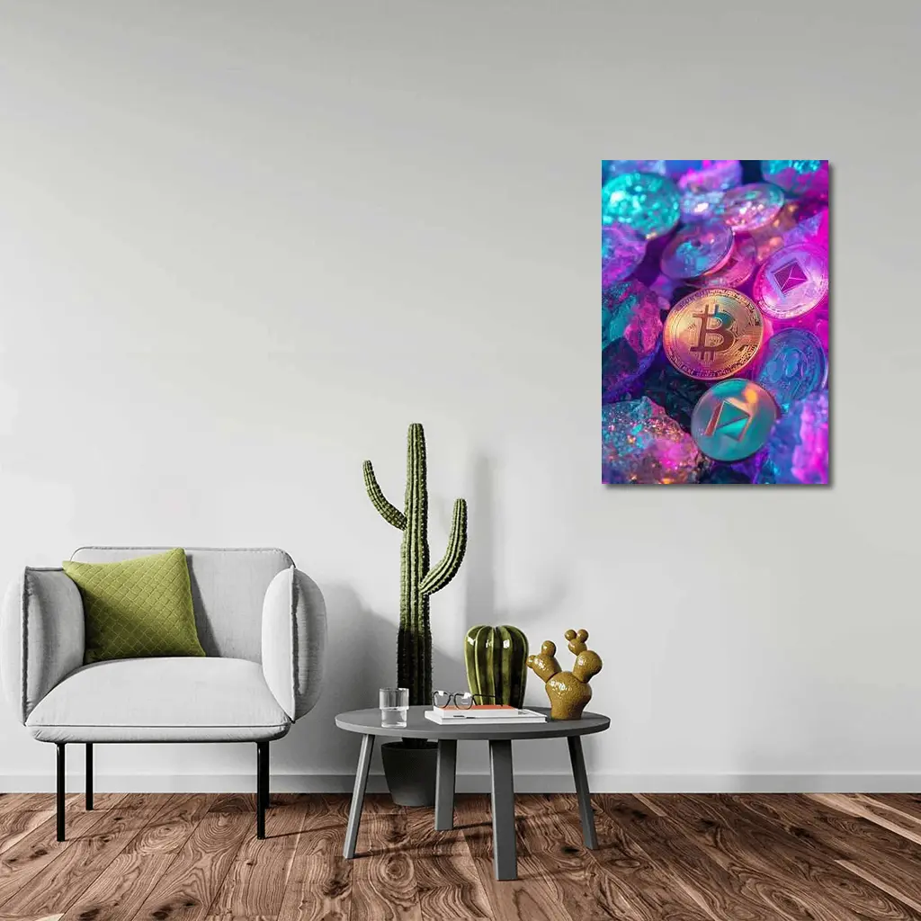 Bitcoin Ethereum Crypto Coins Neon Rocks – Wall Art