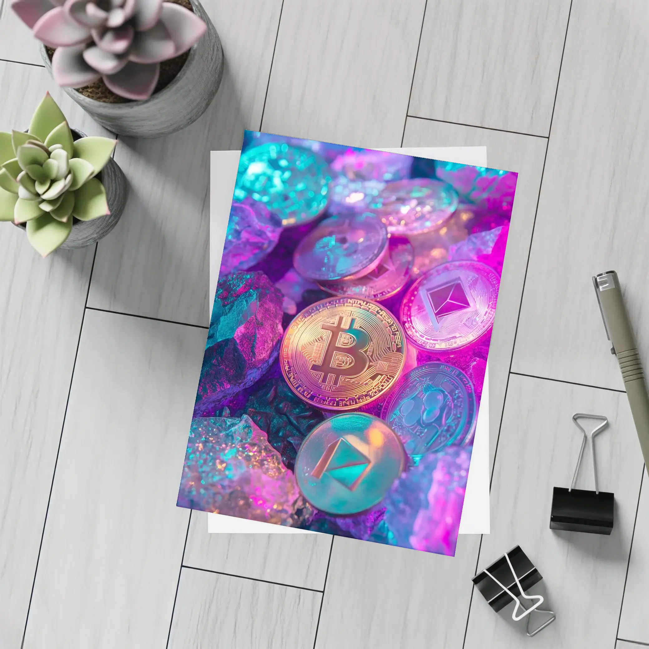 Bitcoin Ethereum Crypto Coins Neon Rocks – Postcards