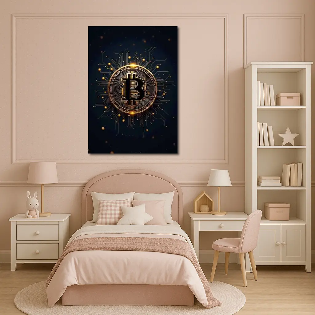Bitcoin Gold Coin Circuit Board Dark Background – Wall Art