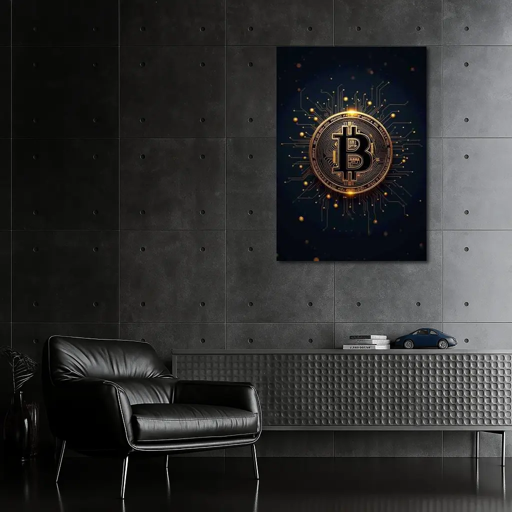 Bitcoin Gold Coin Circuit Board Dark Background – Wall Art