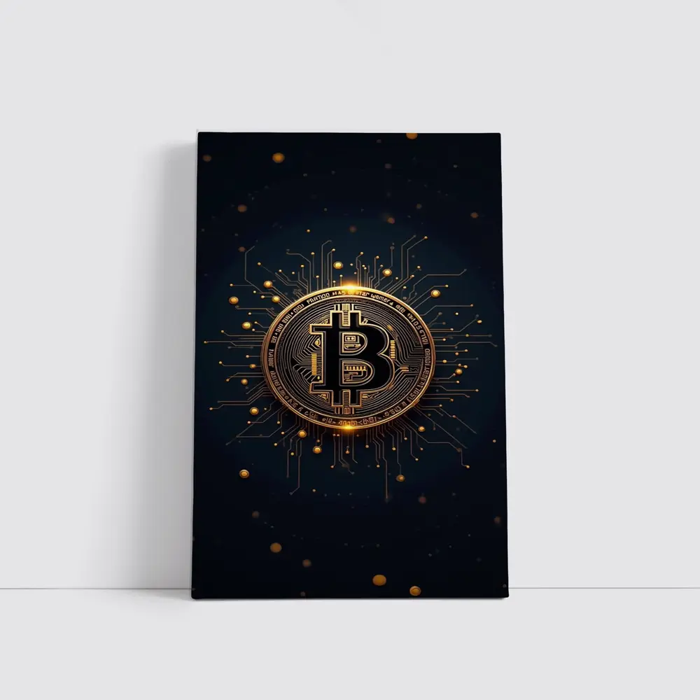 Bitcoin Gold Coin Circuit Board Dark Background – Wall Art