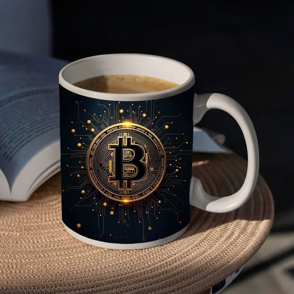 Bitcoin Gold Coin Circuit Board Dark Background – Mugs