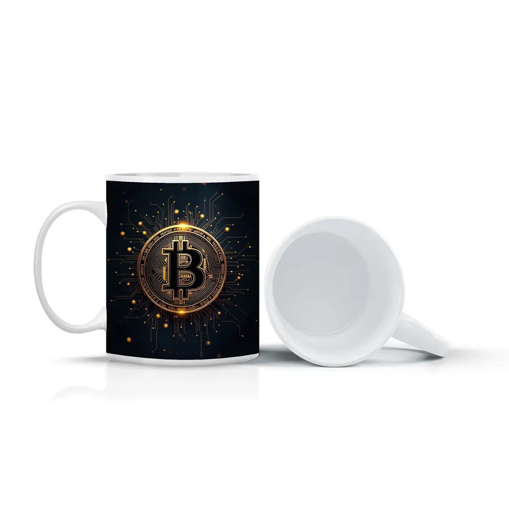 Bitcoin Gold Coin Circuit Board Dark Background – Mugs