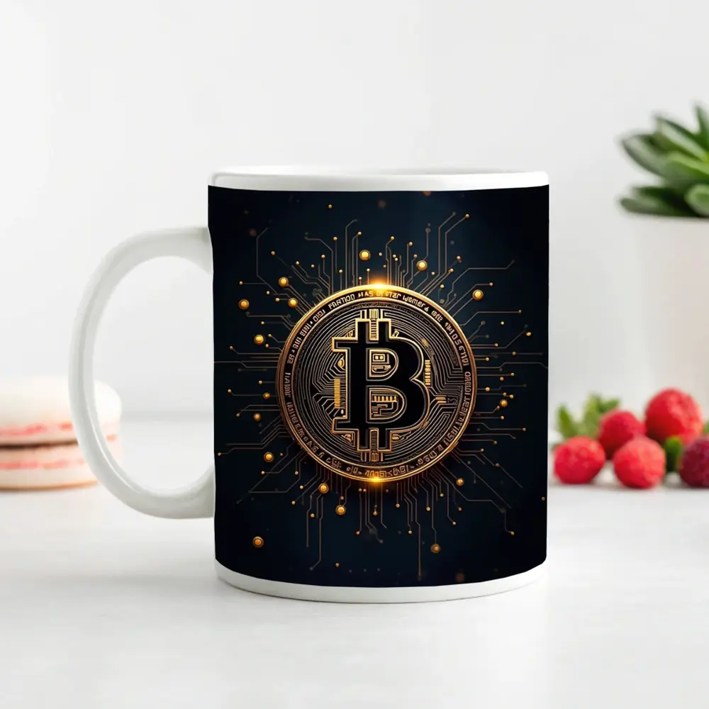 Bitcoin Gold Coin Circuit Board Dark Background – Mugs